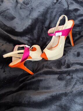 JustFab Colorblock Peep-Toe Slingback Heels in Cream, Orange & Pink